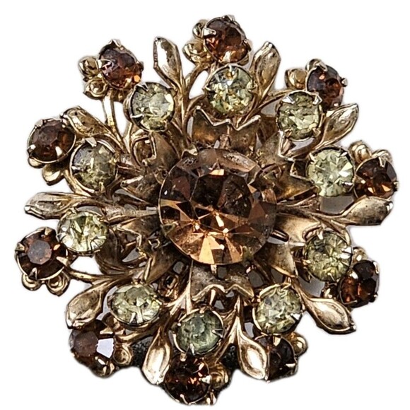 Vintage Gold Tone Flower Brooch with Amber & Peridot Rhinestones Mid-Century - Picture 1 of 4